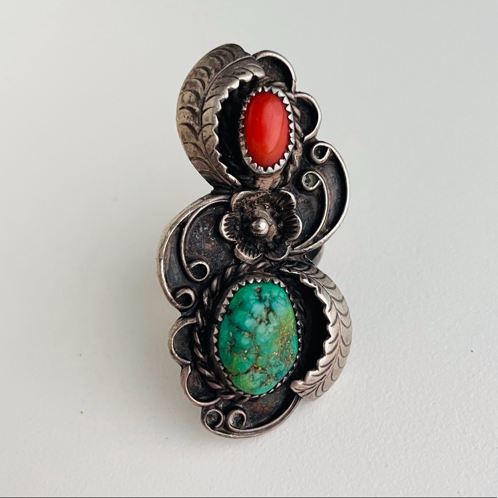 Vintage sterling silver Turquoise coral flower Navajo Ring - Picture 9 of 15